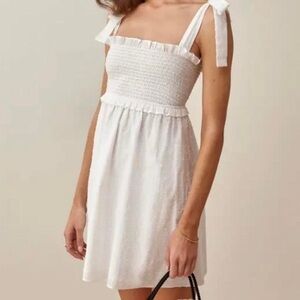Reformation Dawson White Mini Dress with Smocked Bodice